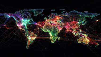 Poster - Colorful Global Connectivity Map with Enhanced Neon Effects Illustrating Interconnected Networks Across Continents Displaying International Communication and Data Flow