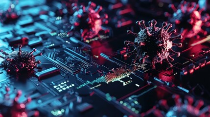 Poster - Intricate Digital Circuit with Microbial Structures, Representing the Intersection of Technology and Biology in a Unique Visual Composition