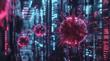 Poster - Abstract depiction of a digital network with glowing virus-like structures, representing the intersection of technology and health sectors in futuristic environments