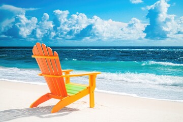 Poster - A colorful chair sits on the sand, overlooking the ocean