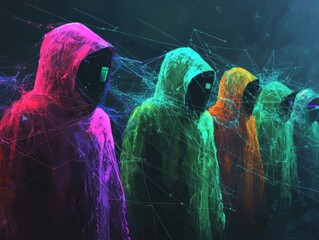 Poster - Futuristic Digital Art of Colorful Cloaked Figures in a Cybernetic Landscape with Abstract Connections and Glowing Elements Representing Technology and Innovation