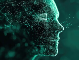 Poster - Abstract Representation of Human Mind and Consciousness Using Digital Technology and Connections in a Green and Blue Color Spectrum, Illustrating the Concept of AI and Data