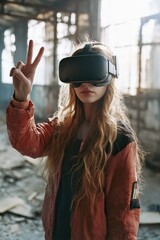 Poster - A woman wears a virtual reality headset in an abandoned building, a unique scene with modern technology in a decaying environment