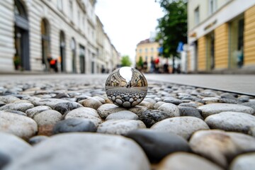 Aufkleber - A silver sphere rests atop a rocky mound, offering a glimpse of elegance in a natural setting