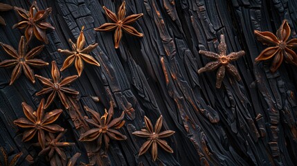 Poster - A bundle of star anise spice pods on a wooden cutting board