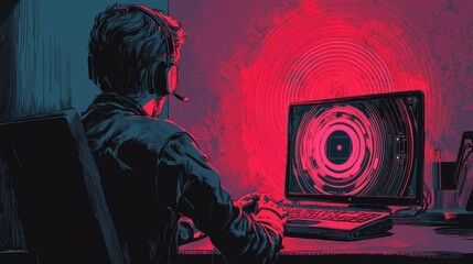 Aufkleber - Focused gamer immersed in an intense gaming session, illuminated by vibrant red and digital patterns on computer screen at night in a stylish modern room