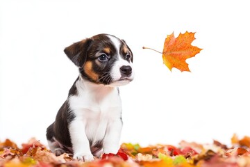 Poster - A small dog sitting amidst a pile of leaves, a cozy scene