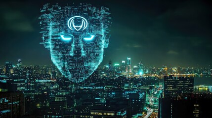 Poster - Futuristic Cityscape with Digital Face Projection Over Urban Skyline at Night Showcasing Technology and Innovation in a Neon Atmosphere