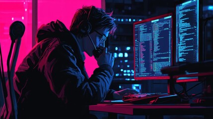 Fototapete - Focused Young Programmer Working Late at Night Surrounded by Neon Lights and Multiple Computer Screens in a Modern Office Environment