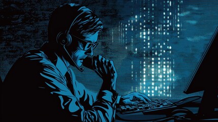 Fototapete - Thoughtful Young Professional with Headset Analyzing Data on Computer in Dimly Lit Room Surrounded by Digital Visualization Patterns