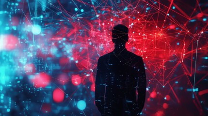 Poster - Silhouette of a Person Surrounded by Abstract Digital Networks and Bright Web Connections in Blue and Red Tones for Technology and Innovation Themes