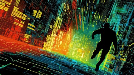 Poster - Dynamic Silhouette of a Runner Against a Vibrant Futuristic Cityscape Representing Speed, Motion, and Technology in a Colorful Digital Environment
