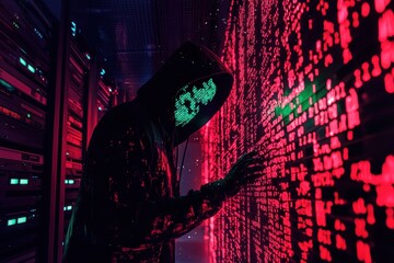 Poster - Mysterious figure in hooded attire interacts with glowing digital data on a server wall, representing themes of cyber security, hacking, and technology in an ominous setting.