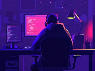 Poster - A digital workspace scene depicting a programmer immersed in coding at night, illuminated by colorful screens and a warm desk lamp, creating a vibrant atmosphere