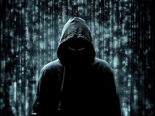 Poster - Mysterious Figure in a Dark Hoodie Surrounded by Digital Matrix Code, Symbolizing Technology, Surveillance, and Cybersecurity Threats in the Modern World