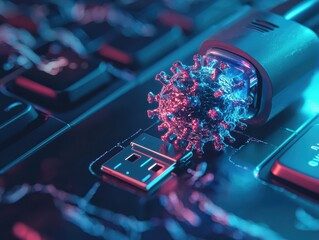 Aufkleber - Innovative Concept of Cybersecurity Featuring a Keyboard and a 3D Virus Model Representing Threats to Digital Data and Information Technology Systems