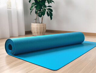 Poster - Blue yoga mat rolled out on a hardwood floor, with a water bottle and indoor plant in a serene home gym setting
