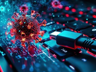 Poster - Conceptual Illustration of a Virus Representing Cybersecurity Threat, Featuring Close-Up of a Computer Keyboard with a Virus And USB Cable Intertwined in Digital Environment