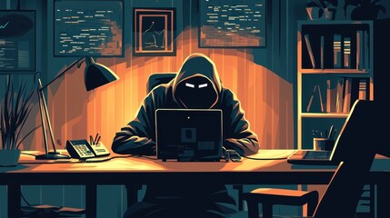 Poster - Mysterious Figure in Dark Hoodie with Laptop in Dimly Lit Room, Illustrating Cybersecurity Threats, Privacy Concerns, and Digital Intrusion Risks