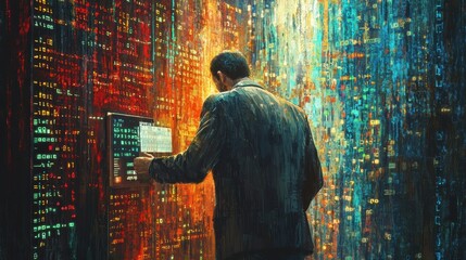 Poster - Business Professional Interacting with Futuristic Digital Display in an Abstract Data Center Environment Representing Innovation and Technology Advancement