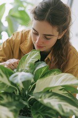 Poster - A person examines a potted plant indoors, possibly seeking inspiration or relaxation
