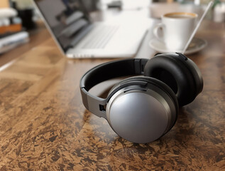 Aufkleber - Modern over-ear headphones on a wooden table, with a laptop and coffee cup in a café environment