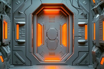 Poster - A futuristic spacecraft interior illuminated by warm orange lighting, suitable for concept art or futuristic settings