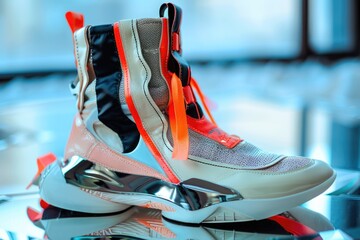 Poster - A close-up view of a pair of shoes sitting on a table, great for lifestyle and still life photography