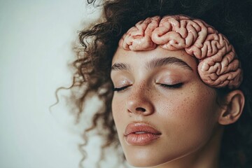 Poster - A close-up view of a woman with a brain on her head, suitable for medical or educational uses