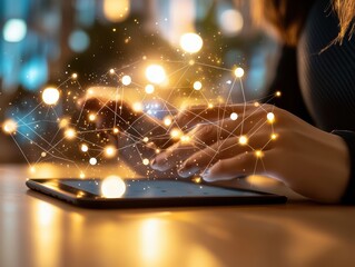 Poster - User Interacting with Tablet Device While Surrounded by Bright Digital Connections and Data Points, Illustrating Technology and Modern Communication