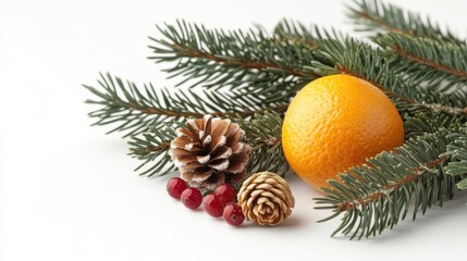 Poster - A pine branch with orange and pine cones on a white background