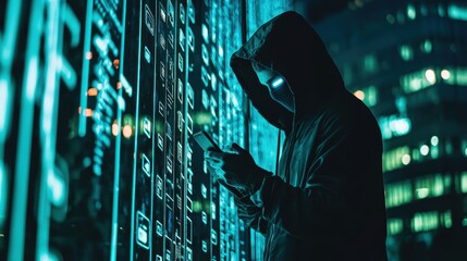 Poster - Mysterious Figure in Hooded Jacket Interacting with Smartphone Surrounded by Digital Code in Neon Lights and Urban Environment at Night