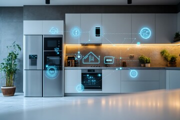 Aufkleber - This kitchen showcases advanced smart appliances, blending technology with modern design to enhance cooking efficiency and style. Generative AI