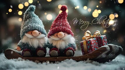 Wall Mural - Two Santa Clauses on small wooden sleighs with gifts. Merry Christmas. Christmas greeting card with Santa Claus. Festive decoration. Cute funny gnomes, decorated for Christmas.