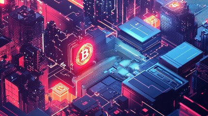 Poster - Futuristic Cityscape with Neon Bitcoin Symbol Representing Digital Currency and Blockchain Technology in a High-Tech Environment