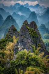 Canvas Print - A scenic view of mountains with trees growing on their peaks