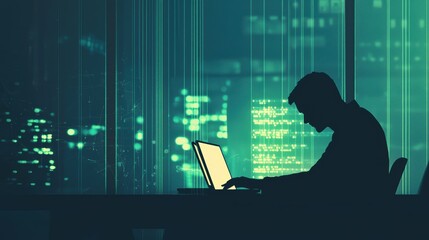 Poster - Silhouette of a Focused Individual Working Late at Night on a Laptop in a Modern Office Environment with City Lights in the Background