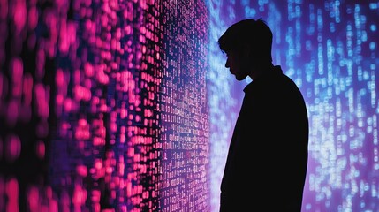 Poster - Silhouette of a Person Against a Digitally Enhanced Background of Colorful Binary Code in Shades of Purple and Blue Symbolizing Technology and Data Processing