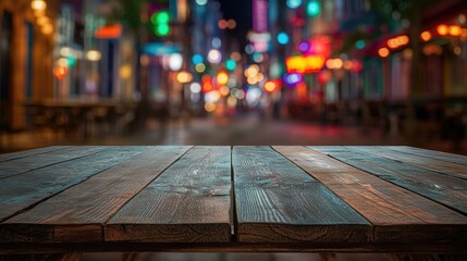 Poster - A wooden table placed on a city street at night, perfect for outdoor events or urban settings