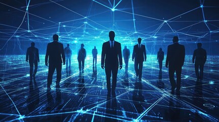 Poster - Business Professionals in Business Suits Surrounded by Digital Connections, Abstract Network Profile, Innovative Technology Concept in Futuristic Environment