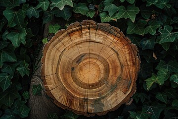 Poster - Close-up of a tree stump surrounded by lush green leaves, ideal for environmental or nature-themed designs