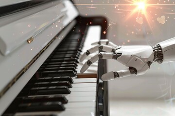 Poster - A robot's mechanical hand plays a melody on a piano keyboard, with a focus on the hands' movement and interaction with the instrument