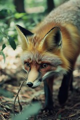 Poster - A close-up view of a fox's face in a forest environment