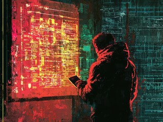 Fototapete - Futuristic Digital Landscape with Person Analyzing Data on Screen in Sci-Fi Setting with Vibrant Color Palette and Intricate Technology Background