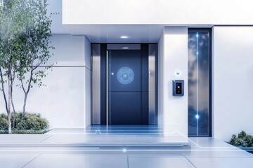 Poster - A sleek home entrance featuring advanced security systems including smart cameras, motion sensors, and a secure fingerprint scanner lock. Generative AI