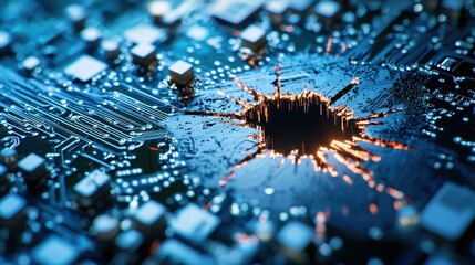 Poster - Abstract View of a Damaged Circuit Board with a Central Hole, Highlighting Technology, Destruction, and Electrical Components in Vibrant Colors and Textures