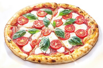 Poster - A delicious looking pizza topped with juicy tomatoes, melted mozzarella cheese and fresh basil leaves