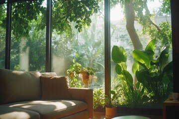 Poster - Cozy home decor with lush greenery and comfortable furniture, suitable for lifestyle or travel photography