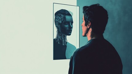 Poster - A person looks into a digital mirror as a robotic figure appears in their reflection, merging technology and humanity. Generative AI