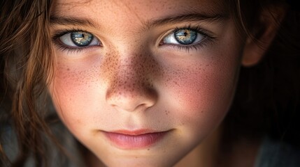 Poster - A close-up portrait of a young girl with freckles, suitable for use in personal or family photography projects